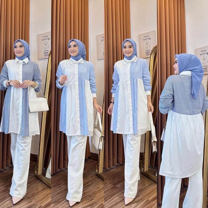 tunik salur denim mix putih