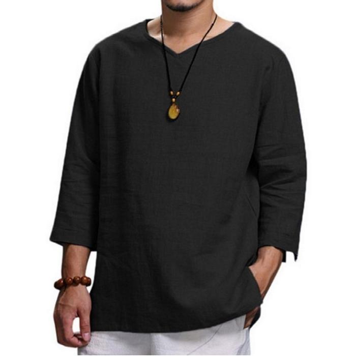 Baru Pria V Leher Katun Linen T-Shirt Pria Bernapas Warna Solid Lengan Panjang Kasual Longgar Linen