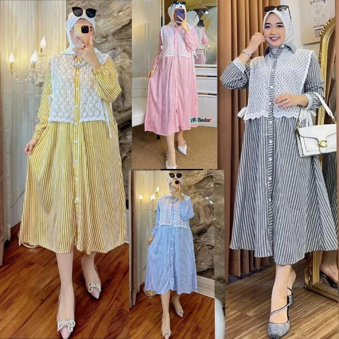 Lonk dress Tunik burkat/Dress Tunik MIDI motif salur premium/Tunik MIDI dress Ful kancing Model Kore
