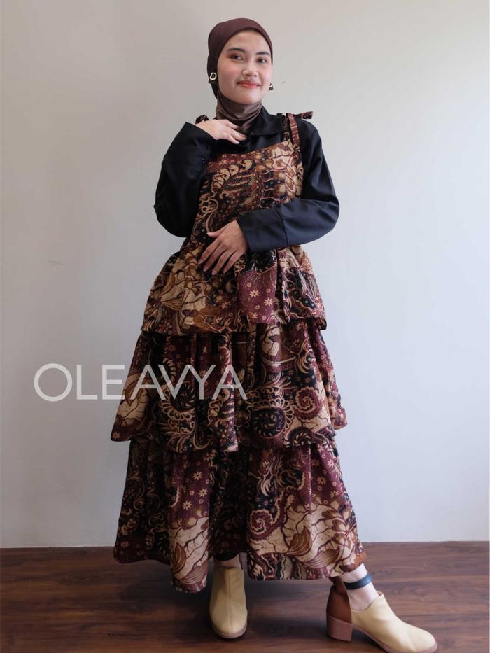 Asmita Batik Dress Ruffle Rok Tumpuk Premium Model Pita SImetris Oleavya