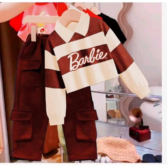 setelan anak cewek terbaru model kerah crop top barbie cargo stripe 1-12 thn Perempuan