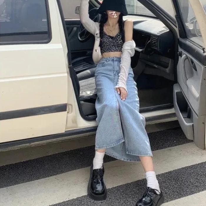 Cargo Rok Jeans Wanita Panjang - Model Terbaru Denim Belah Depan - Jeans Highwaist 7/8 Import Premiu