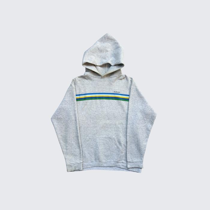 Heather Grey Vintage 1990s Bitch Skateboards Horizontal Stripes Pullover Hoodie - Unisex - M