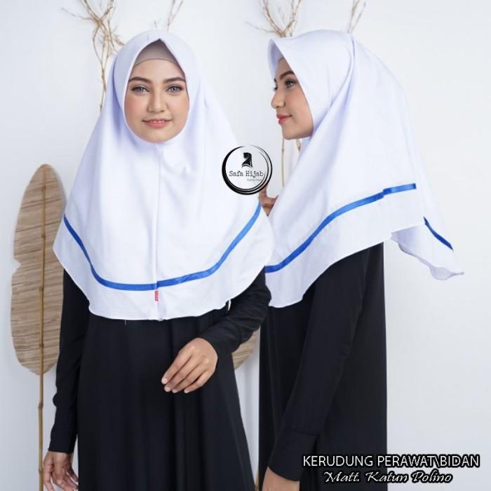 Jilbab Perawat Bahan Katun List Pita Tengah Segi Empat Instan