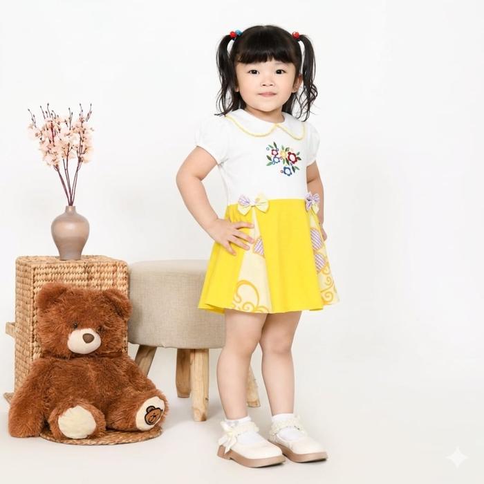 NAS Kids Baju Anak Perempuan Dress Bahan Kaos Katun Lengan Pendek Bordir Bunga Pita Motif Etnik Kera