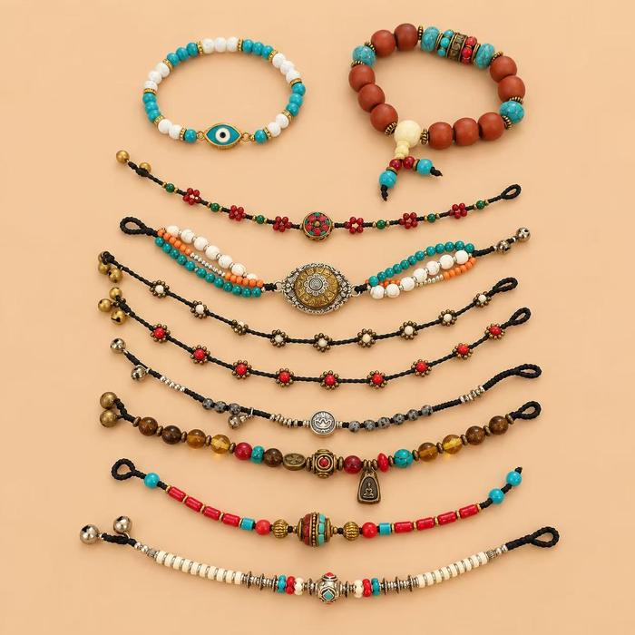 Gelang Batu Turquoise Warna-warni Gaya Etnik Tibet & Nepal, Vintage Bohemian