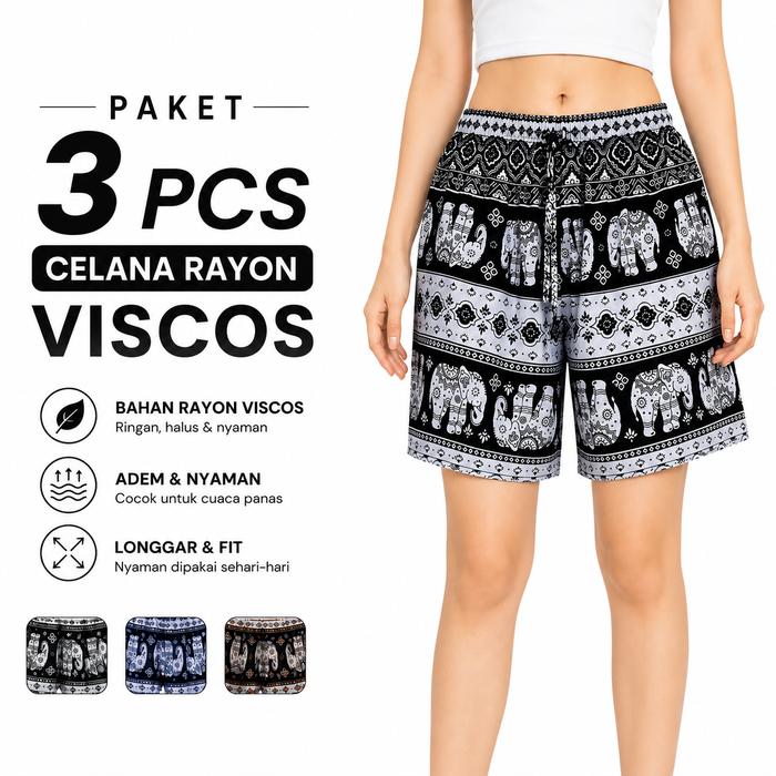 Paket Isi 3 Celana Pendek Rayon Viscos Pria Wanita Motif Gajah Thailand Size Jumbo Hotpants Grosir