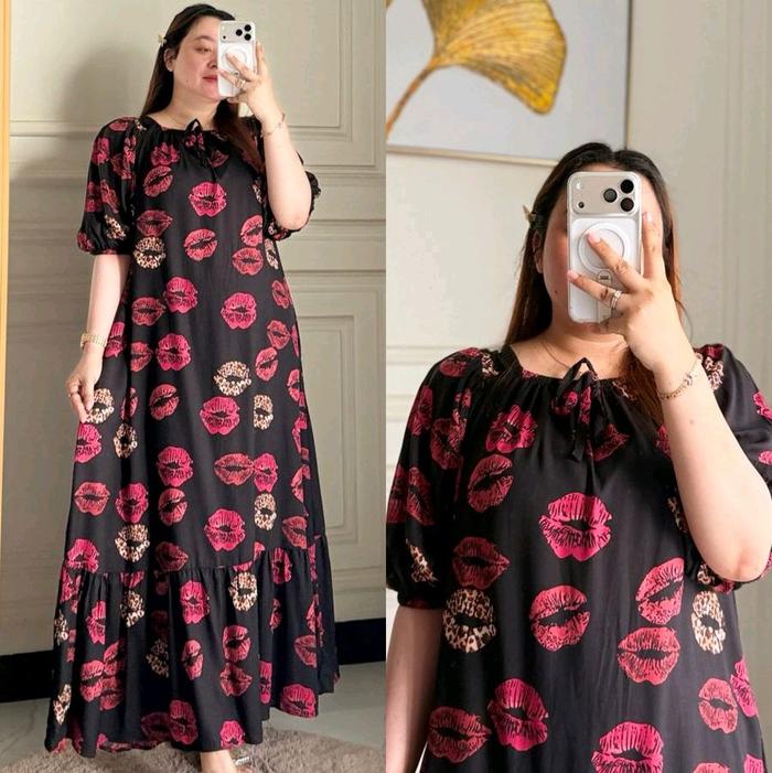 DS 031 - Daster Celine Leher dan Lengan Karet Dress Nyaman dengan Desain Ruffle Pinggang Panjang 120