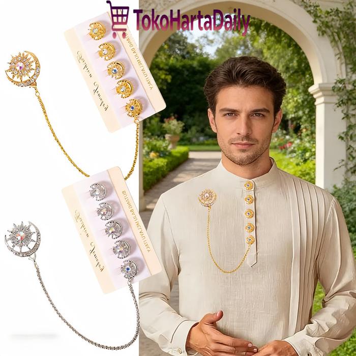 Set Kancing Baju Melayu Bulan Bintang Mewah Plus Pin Rantai Anti Karat Lengkap Cekak Musang