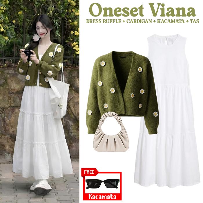Viana Set Outfit Wanita Liburan ( Dress Ruffle Putih Cardigan Bunga Tas Kacamata ) Setelan Piknik Ko