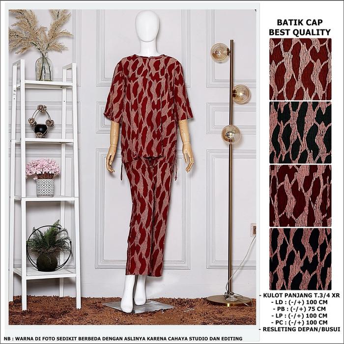 Setelan Batik Cap Kekikian untuk Wanita Dewasa dengan Bahan Katun dan Linen - Atasan, Kulot, Celana,