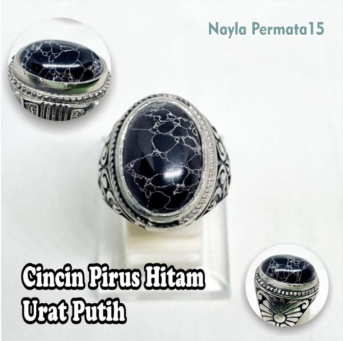 cincin pirus hitam urat putih / pirus persia / cincin batu akik pirus hitam ceplok kuro