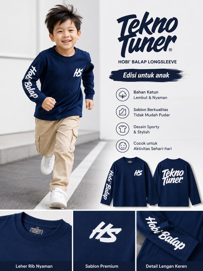 Kaos Anak Lengan Panjang Tekno Tuner Navy Dongker - Baju Hobi Balap Otomotif Premium
