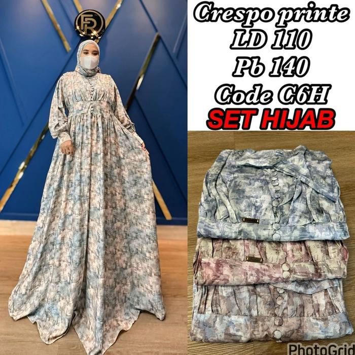 Gamis Set Hijab Frilla Mewah Crespo Printe Lebaran Wanita Muslim - Dress, Syari, Pesta, Dewasa, Rema