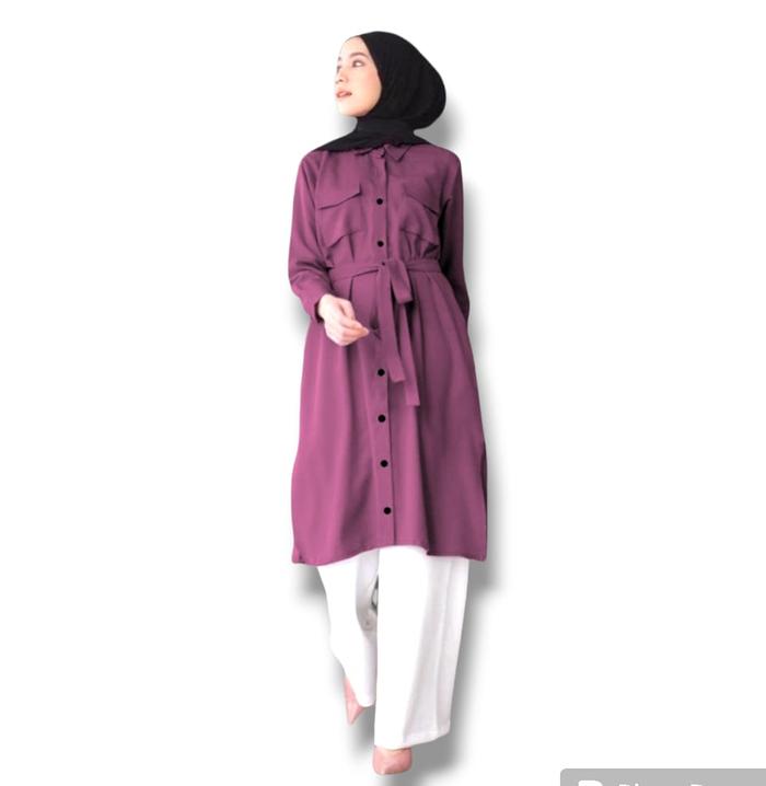 Baju Atasan Polos Tunik Panjang Wanita Remaja Dewasa Belt Tali Pinggang Casual Basic Muslim Kancing 