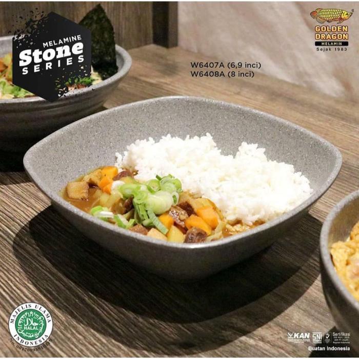 Mangkok Kotak Model Batu 7inch Bowl Melamin Golden Dragon W6407A ABU