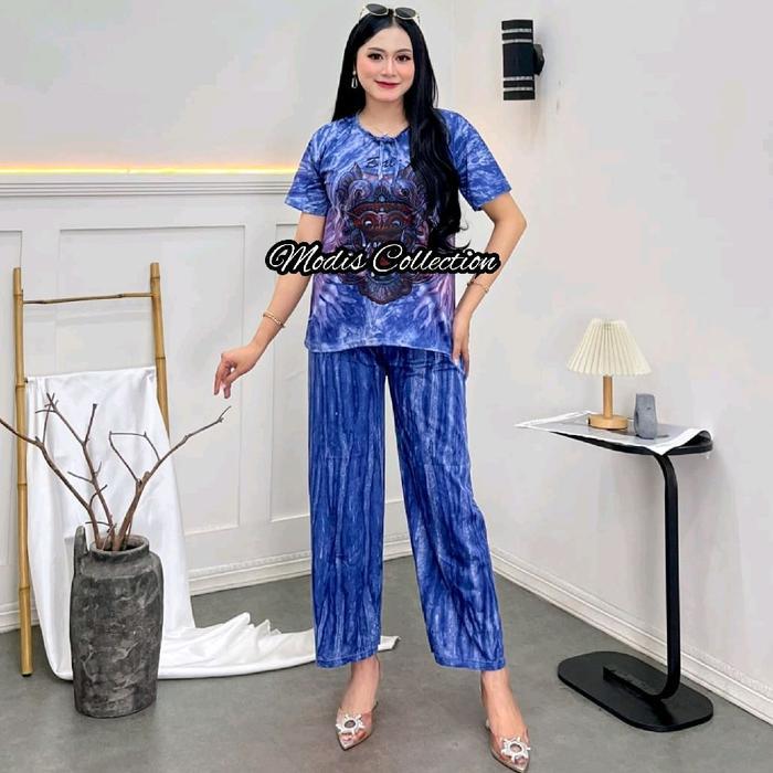 Setelan Wanita Kaos Lengan Pendek Celana Kulot Panjang Semata Kaki Atasan Kerah Leher Bulat Dada Tal