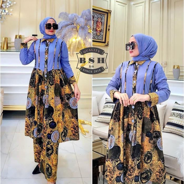 Gamis Bshop Nila Garis Merah Biru Setrip Linen Muslim Wanita Baju Dress Katun - Ukuran XL - Tangan, 