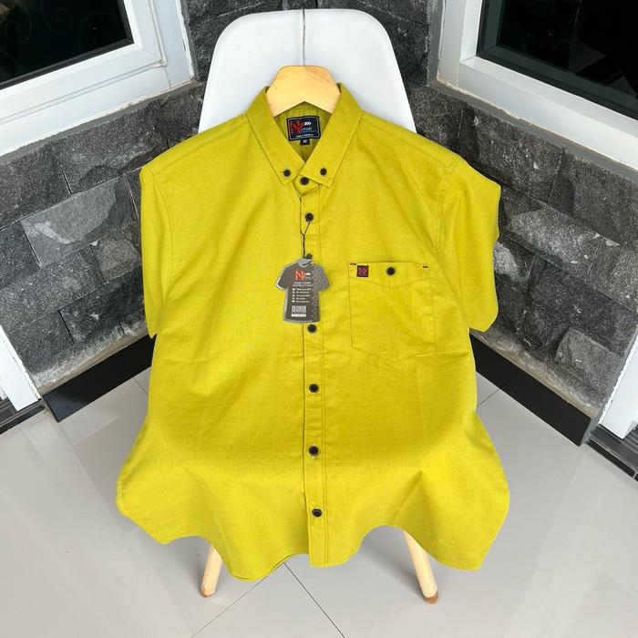 Kemeja Pria Lengan Pendek Premium Warna Lemon Kain Katun Nyaman Linen Slimfit Kantor Casual Rayon Ba