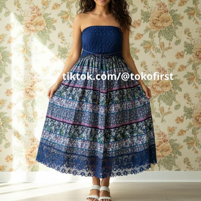 rok dress panjang maxi 2 in 1 bunga biru kombinasi rajut melar