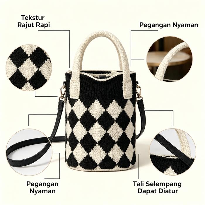 Tas selempang hp rajut mini gaya Korea viral marketplace, pegangan jinjit pendek nyaman digenggam, w