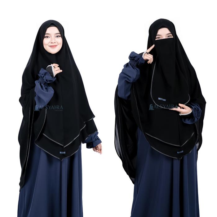 Alsyahra Exclusive Set Khimar Shofa 2 Layer Bisban Cadar Tali Sifon Silk Jetblack Size XL