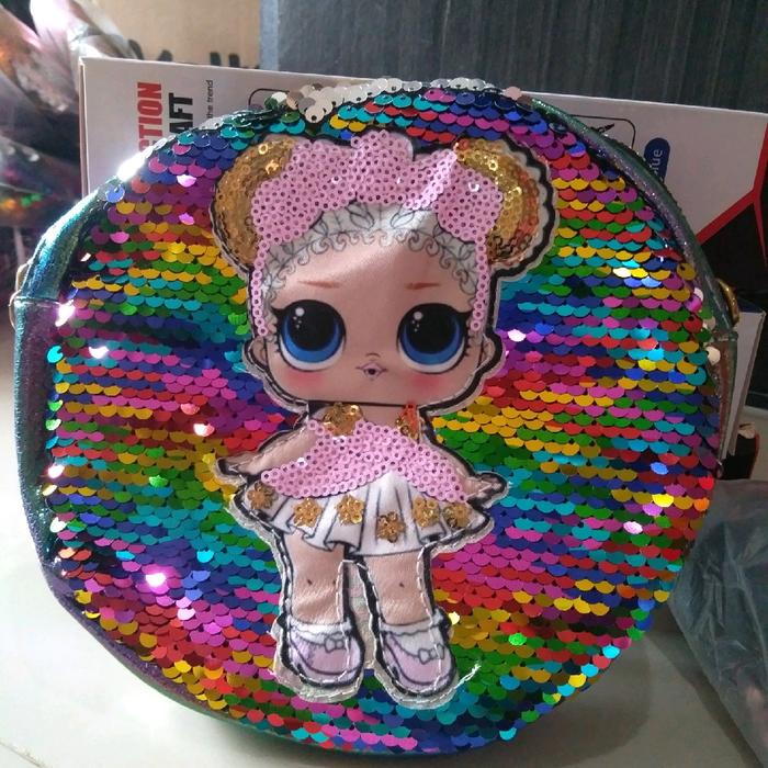 Tas lol sequin mata led model rantai slempang samping import