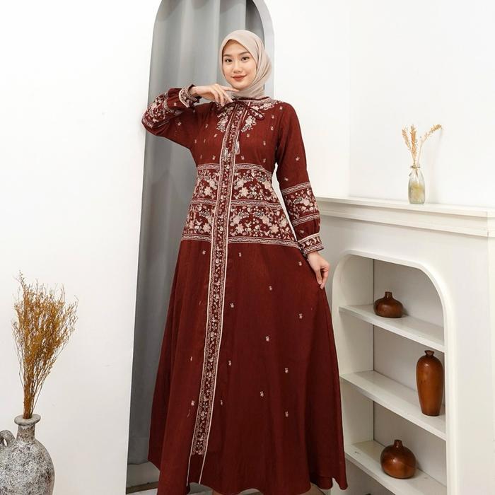 Promoo!!! Rita Wd 317 / Gamis Bordir Cantik Bahan Tenun  /Gamis Lebaran Mewah Dan Elegan