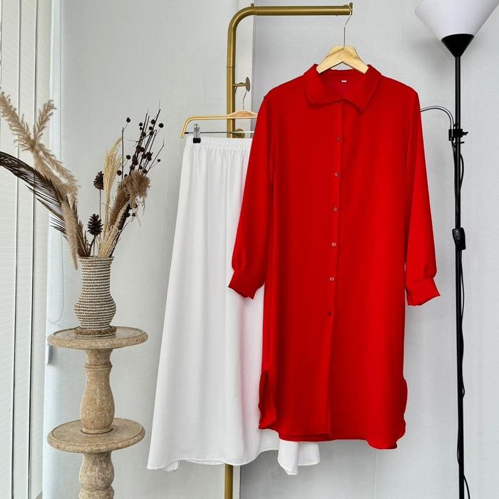 Set Tunik dan Rok Merah Putih ADANTYA Kekinian: Skrit Long Panjang A Line Bahan Crinkle Premiumonese
