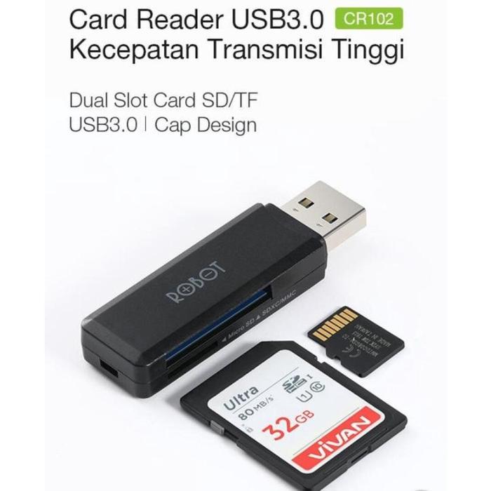 Card Reader ROBOT CR102 USB 3.0 TF SD with 2 Slot Hub Black Card Reader Micro SD Card Reader 3.0 Car