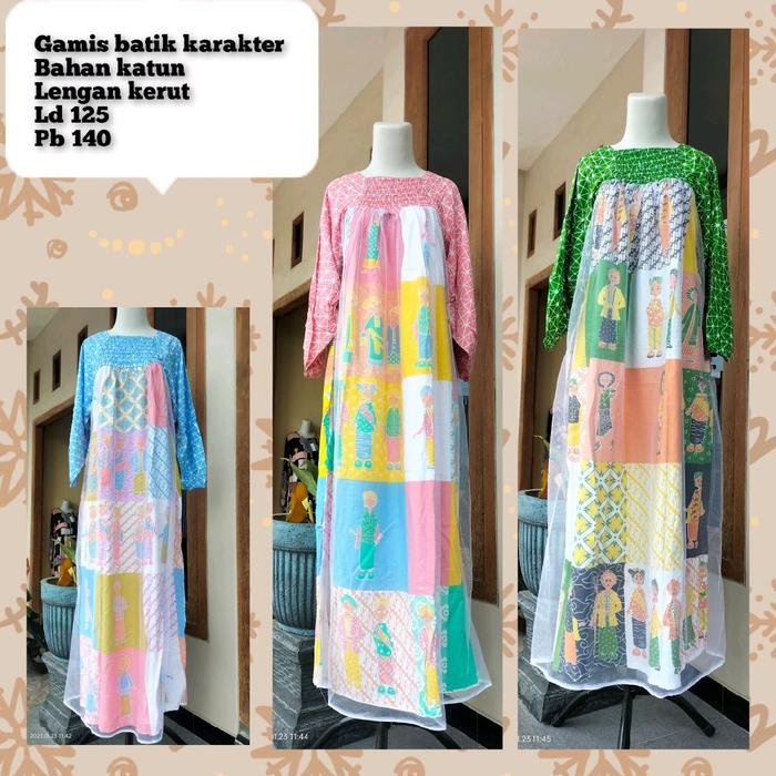 Gamis Kekinian Trend Batik Karakter Bahan Katun Lengan Kerut Ld 125 Pb 140