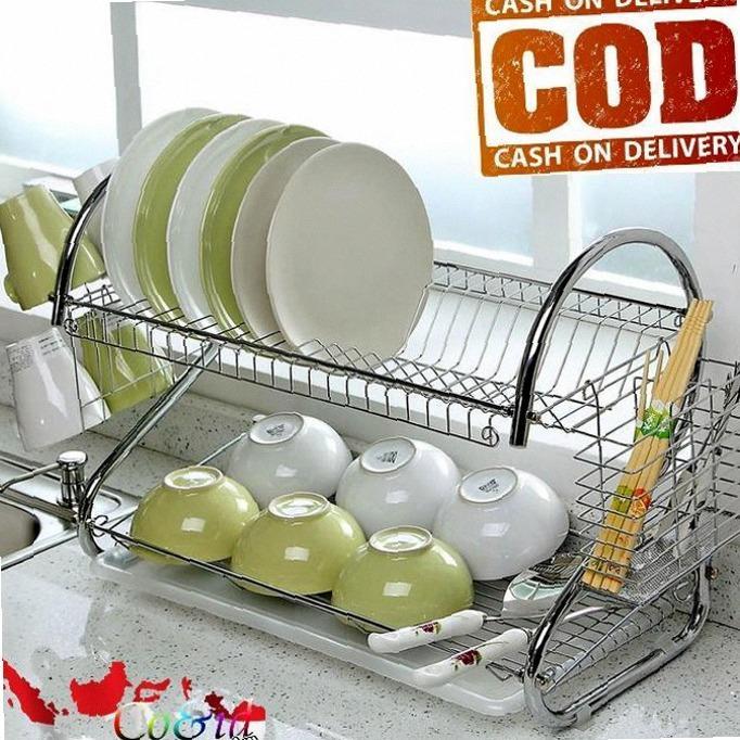 Rak Piring Stainless Minimalist 2 Susun Tingkat Peralatan Dapur | Hot Item