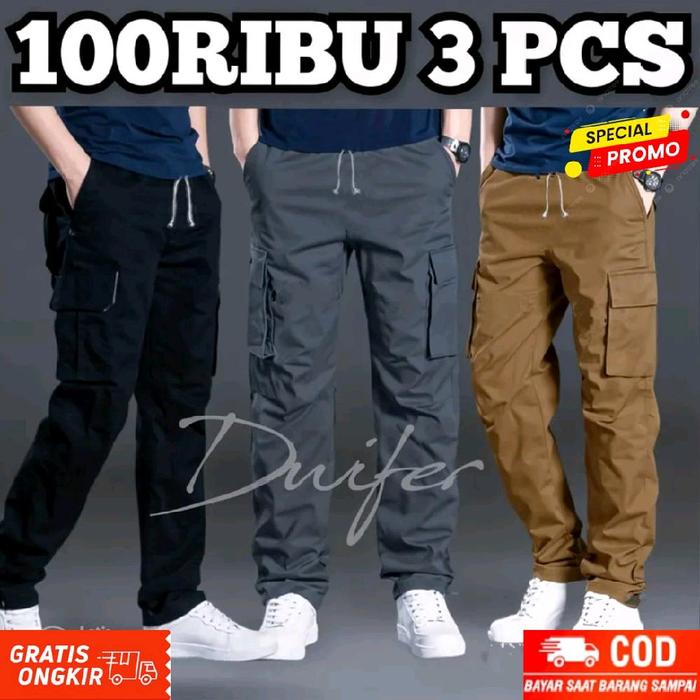 [TURUN HARGA 100 RIBUAN DAPAT 3 PCS ] Celana Cargo Kargo Panjang Pria Cowok Dewasa Katun Twill Distr