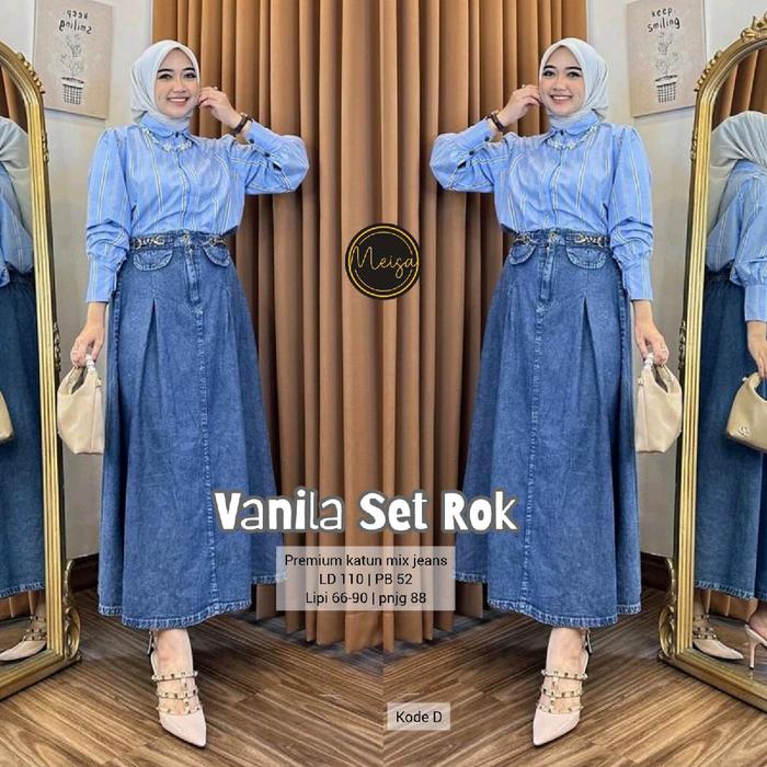 Vanila Set Rok by Meisa Store Setelan Kemeja Dan Rok Bahan Jeans Fashion Baju Trendy Kekinian Nyaman