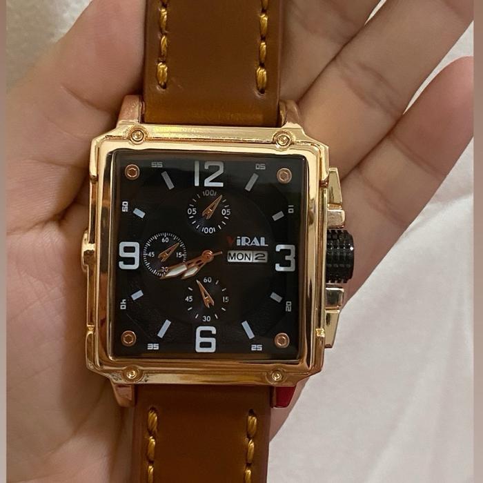 New Jam Tangan Cowok Petak Kulit Coklat