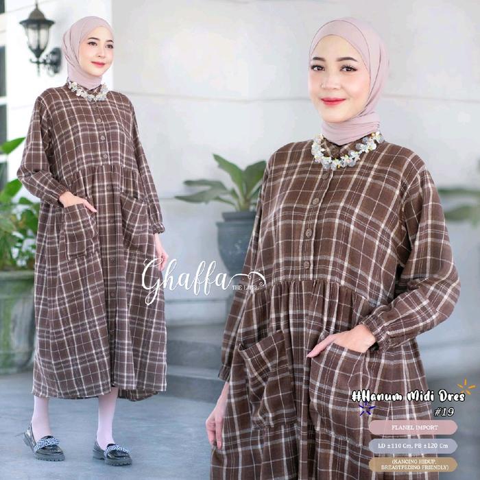 HANUM MIDI DRES#19 BY GHAFFA_flanel import, ld :110 pj :120, kancing hidup, breastfeeding friendly,