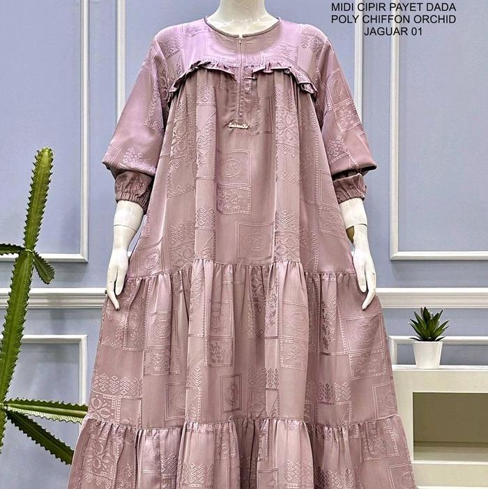 Salvina Ys Midi Cipir Payet Dada Motif Kotak Bahan Katun Poli Chiffon Orchid JAGUAR 01