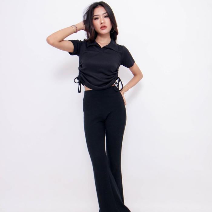 ANGEL Baju Atasan Wanita - Crop Top Basic - Kaos Polo Berkerah Rib Polos - Knit Top Wangki - Atasan 