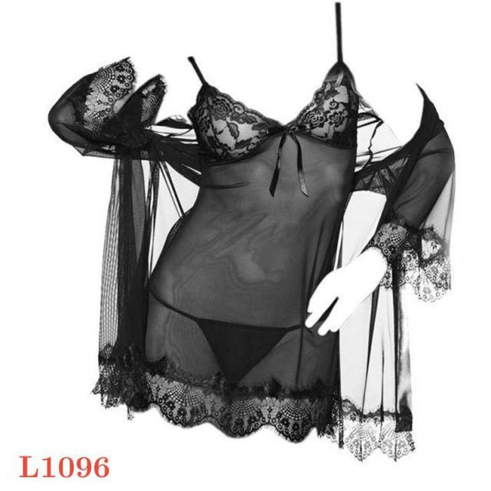 L1094 Lingerie Kimono Sexy Baju Tidur Dinas Malam Wanita Seksi Lengan Pendek Polos Transparan Set Lu