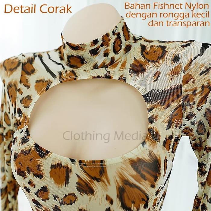 BERGARANSI Baju Leotard Dada Terbuka Motif Leopard Thong Lengan Panjang Lingerie