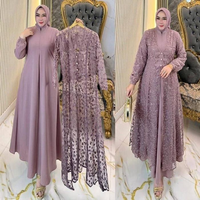 Baju gamis wanita set Outer 2in1 Full Brukat lepas pasang Ukuran Jumbo LD 120 Milla dress bahan Ceru