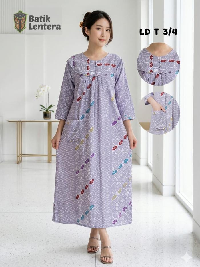 Longdress Daster Panjang Semata Kaki Batik Lentera Tangan 3/4 Busui Kancing Motif Sunan Bunga Rayon