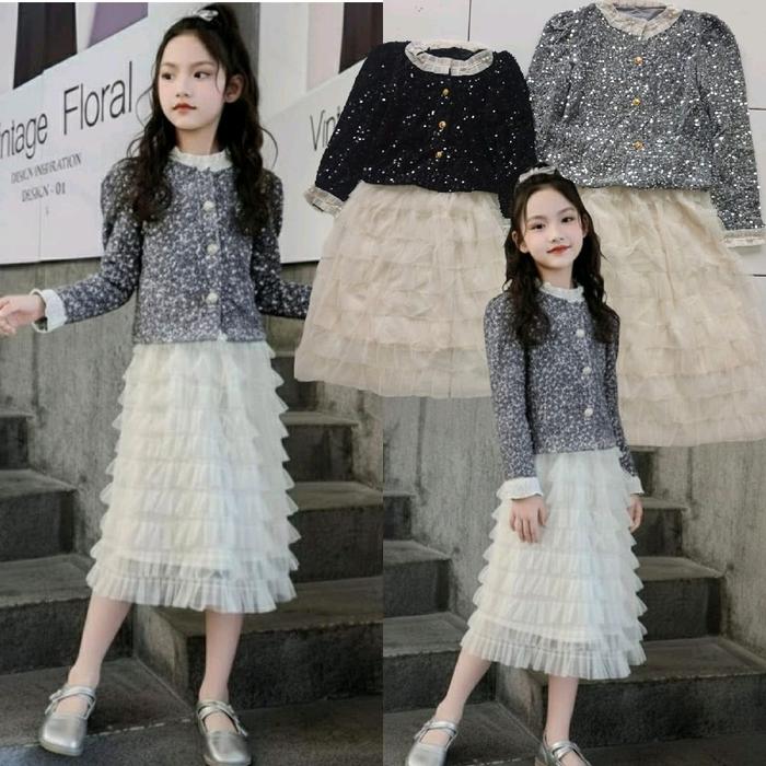 (5-13th) blazer anak remaja hitam silver bling sequin rok putih setelan ala Korea payet teen