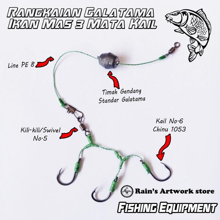 Rangkaian Galatama ikan mas kail 3 dan kail 2 dengan Benang PE - 3 Kail Lengkap