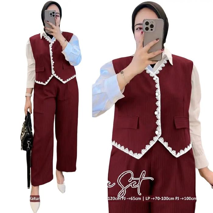 Afira Setelan Wanita Premium Bahan Katun Tweed Salur LD 100-120cm Blazer & Kulot Panjang - Atasan, C