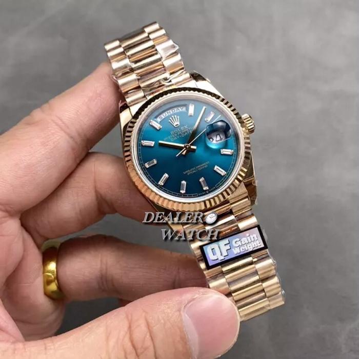 QF Factory V5 RolexDay-Date Blue Dial Baguette Diamond Rose Gold Case 36mm 128235
