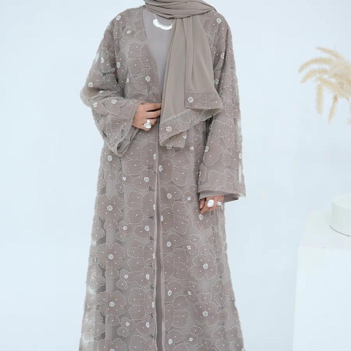 Luxury Dubai Abaya Lace Floral Pearl Beaded Cardigan Muslim Women Modest Dresses with Matching Hjiab