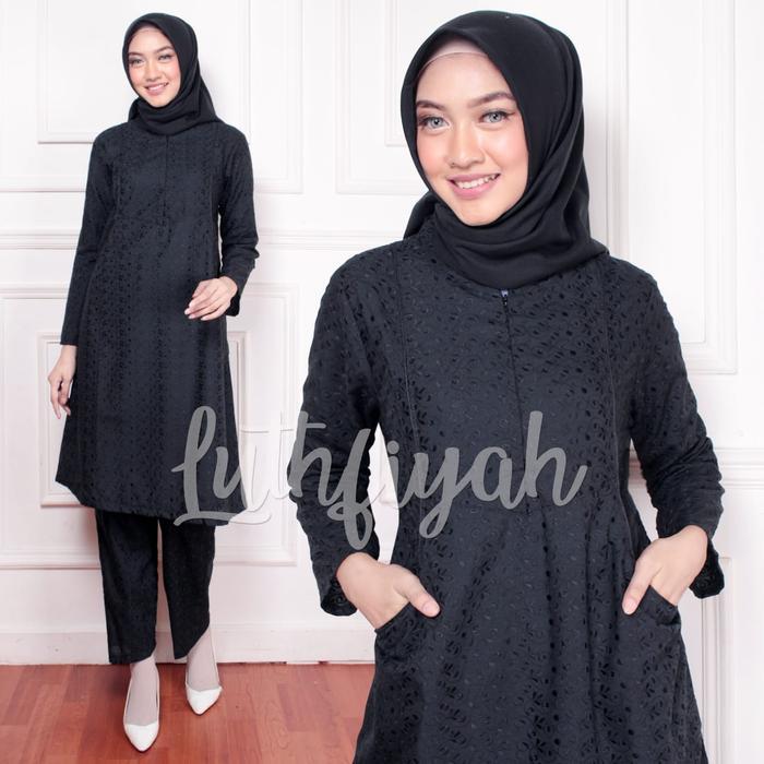 Luthfiyah Stelan Celana Lc Katun Putih Motif Bunga Renda Kombinasi Nyaman Atasan Baju Muslim Panjang