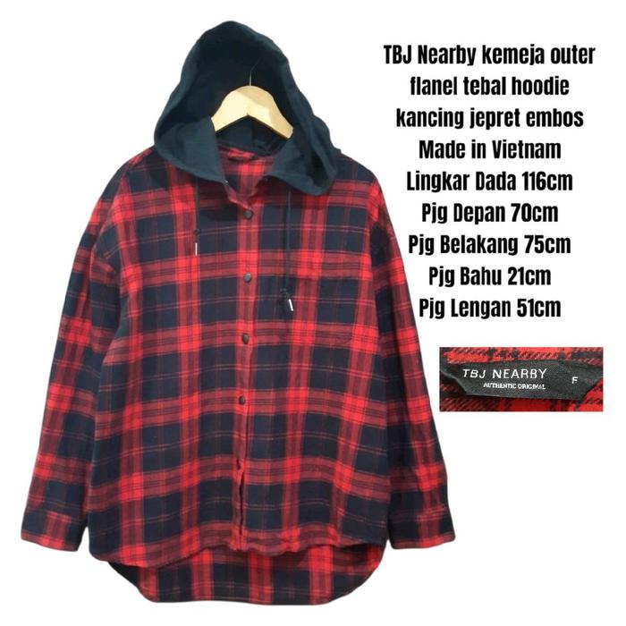TBJ Nearby Authentic Original kemeja outer flanel tebal hoodie kancing jepret embos