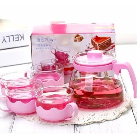 Tea Pot Set 5 in 1 Tempat Minum Teh Teko Set Cangkir Kaca Teapot gelas cantik ciamik